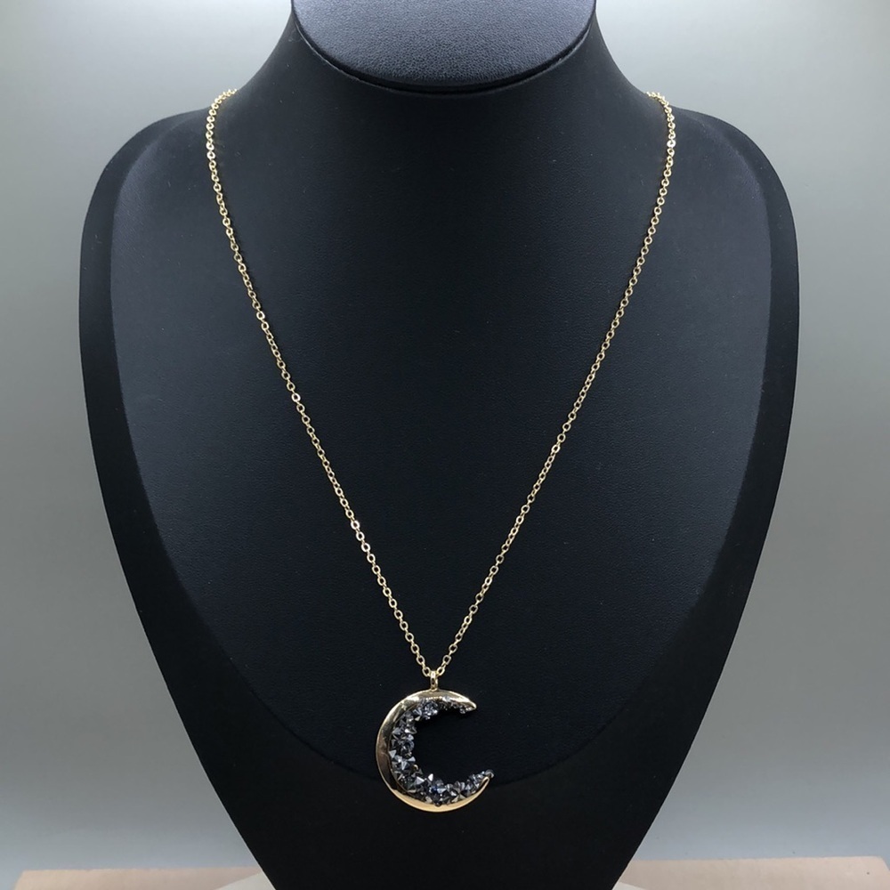 14k GF gold filled half moon bejeweled pendant chain necklace